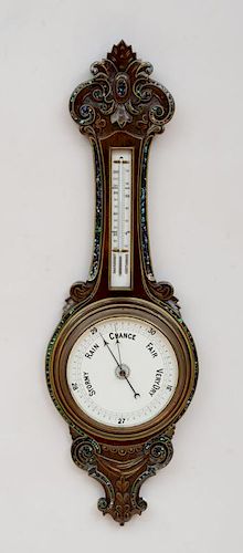 VICTORIAN MOTHER-OF-PEARL INLAID AND GILT-PAINTED CARVED OAK WHEEL BAROMETER/THERMOMETER