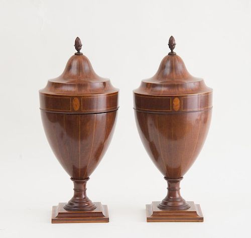 PAIR OF GEORGE III STYLE INLAID MAHOGANY CUTLERY URNS