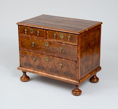 WILLIAM AND MARY OLIVEWOOD OYSTER VENEERED DIMINUTIVE CHEST OF DRAWERS