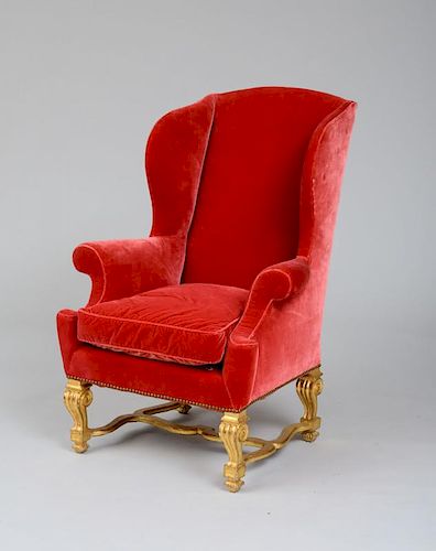 WILLIAM AND MARY STYLE GILTWOOD WING CHAIR