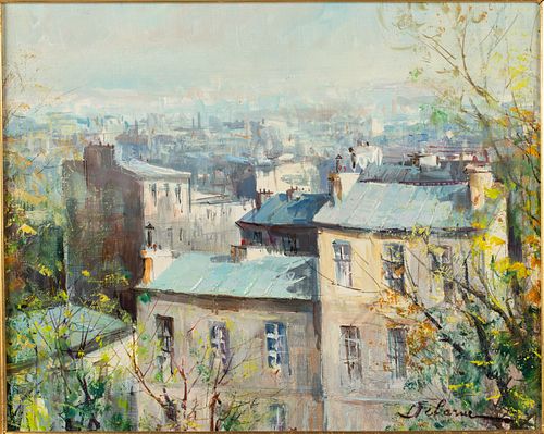 Lucien Delarue, Rooftops with Trees, Oil on Canvas