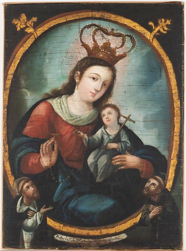 Spanish Colonial, Mary and Jesus with Saints, O/C