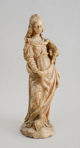 EUROPEAN BAROQUE CARVED ALABASTER FIGURE GROUP OF THE MADONNA AND CHILD