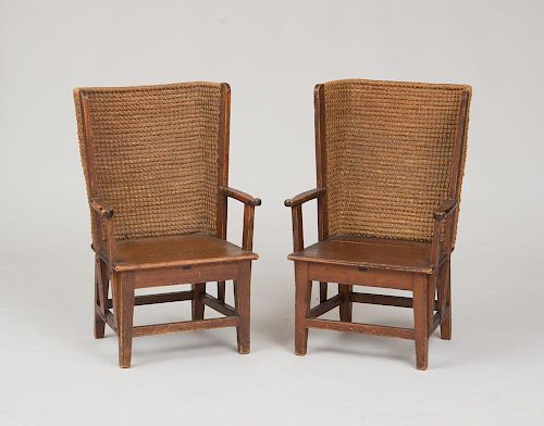 PAIR OF ENGLISH OKNEY ISLAND, PAINTED PINE AND HEMP FIRESIDE CHAIRS
