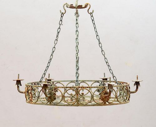 PAIR OF CONTINENTAL BAROQUE STYLE PAINTED METAL SIX-LIGHT CHANDELIERS