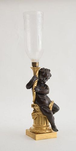 LOUIS XVI STYLE BRONZE AND ORMOLU FIGURAL CANDLE HOLDER WITH ENGRAVED GLASS SHADE