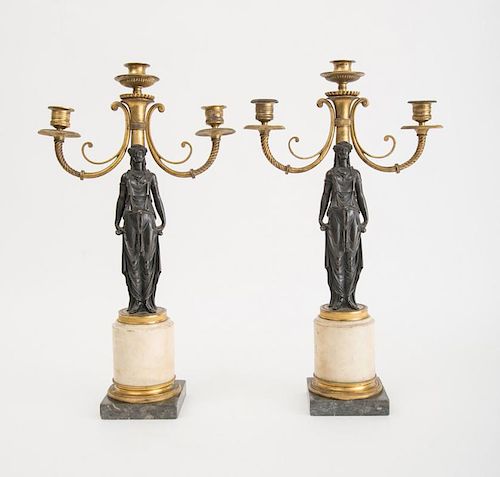 PAIR OF LATE DIRECTOIRE ORMOLU-MOUNTED PATINATED BRONZE AND MARBLE THREE-LIGHT CANDELABRA