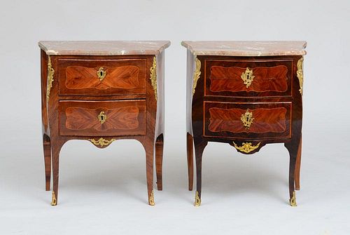 TWO SIMILAR LOUIS XV ORMOLU-MOUNTED KINGWOOD AND TULIPWOOD PARQUETRY PETIT COMMODES, ONE SIGNED S. VID. JME