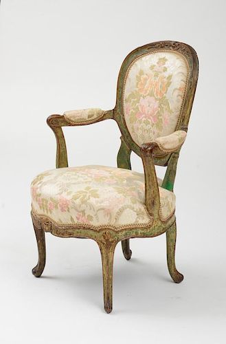 LOUIS XV CARVED AND PAINTED FAUTEUIL EN CABRIOLET
