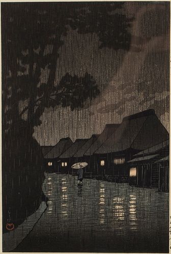 Hasui Kawase , Night Rain at Maekawa, Woodblock
