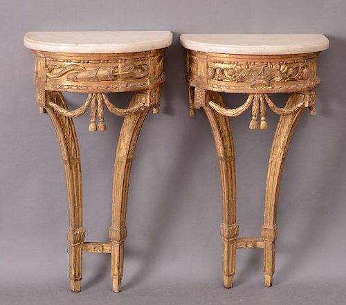 PAIR OF SMALL LOUIS XVI CARVED GILTWOOD CONSOLE TABLES