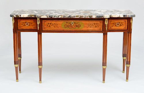 LOUIS XVI STYLE ORMOLU-MOUNTED MAHOGANY, TULIPWOOD AND BOIS CITRONNIER MARQUETRY SIDEBOARD