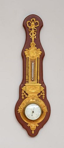FRENCH LOUIS XVI STYLE GILT-BRONZE-MOUNTED LEATHER-CLAD THERMOMETER/BAROMETER