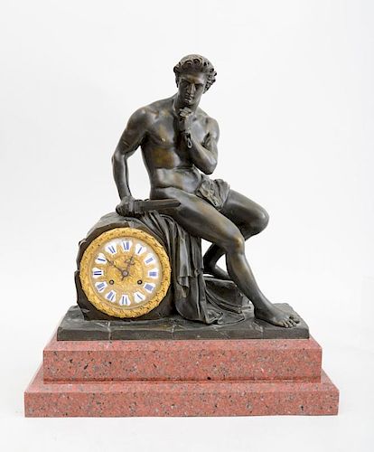 FRENCH BRONZE PATINATED FIGURAL MANTLE CLOCK