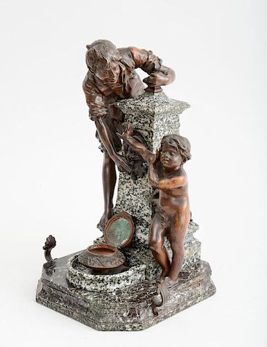 FRENCH MARBLE-MOUNTED BRONZE FIGURAL INKWELL