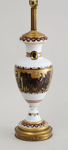 FRENCH OPALINE ETRUSCAN PAINTED GLASS VASE, MOUNTED AS A LAMP