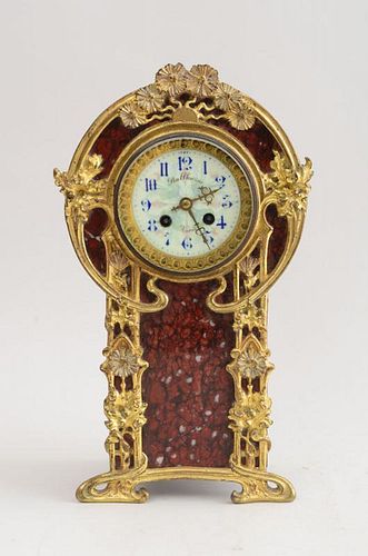 FRENCH ART NOUVEAU GILT-METAL-MOUNTED RED MARBLE MANTLE CLOCK