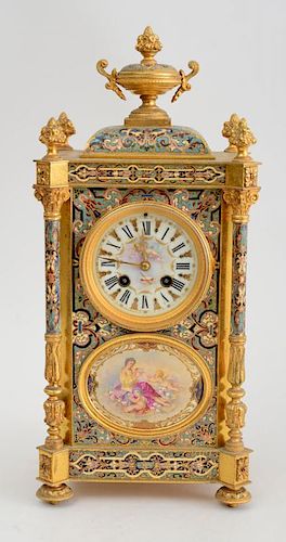 FRENCH PORCELAIN AND CLOISONNÉ-MOUNTED GILT-METAL MANTLE CLOCK