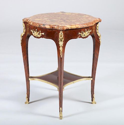 LOUIS XV ORMOLU-MOUNTED KINGWOOD AND MAHOGANY PARQUETRY TABLE