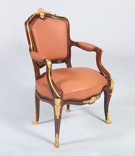LOUIS XV STYLE GILT-BRONZE-MOUNTED ROSEWOOD FAUTEUIL EN CABRIOLET