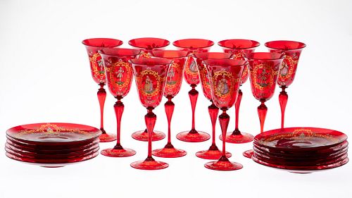 Set of 11 Venetian Glass Wine Glasses and 12 Plates