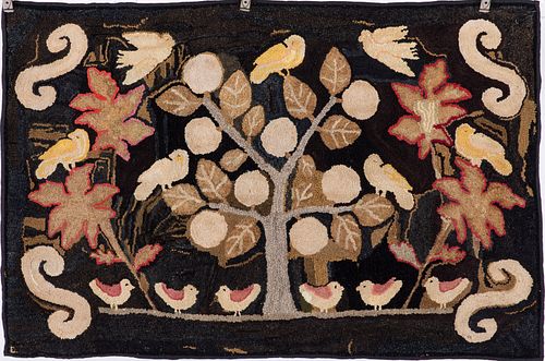 Pictorial Hooked Rug with Large Fruit Tree & Birds