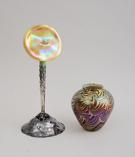 UNSIGNED QUEZAL SILVER-FOOTED GLASS JACK-IN-THE-PULPIT VASE AND ANOTHER UNSIGNED GLASS VASE