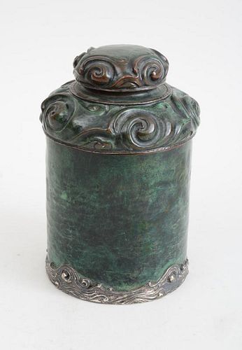 AMERICAN ART NOUVEAU SILVER AND COPPER TOBACCO JAR AND COVER