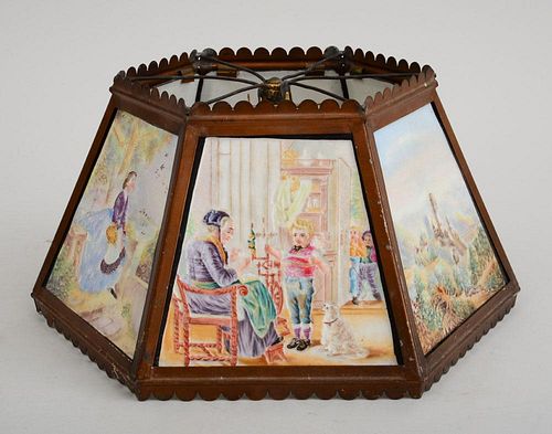POLYCHROME DECORATED HEXAGONAL LITHOPHANE LAMP SHADE