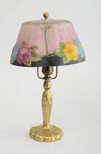PAIRPOINT GILT-METAL TABLE LAMP WITH INTERIOR PAINTED PUFFY GLASS SHADE