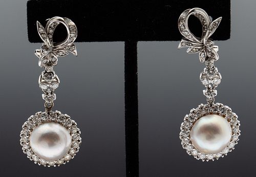 Pair of 18K Gold & Diamond, Mabe Pearl Drop Earrings