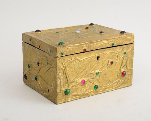 BRASS-CLAD COFFRET WITH COLORED GLASS MOUNTS, ATTRIBUTED TO ALFRED DAGUET