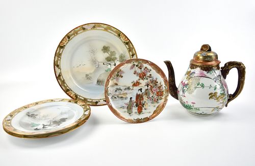 Group of Satsuma Teapot & 4 Plate,19th C.
