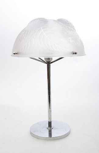 FRENCH ART DECO CHROME SPINDLE LAMP WITH LALIQUE MOLDED GLASS SHADE