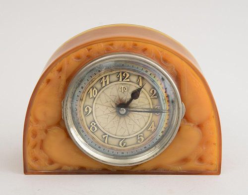 FRENCH ART DECO PRESSED AMBER GLASS MANTLE CLOCK