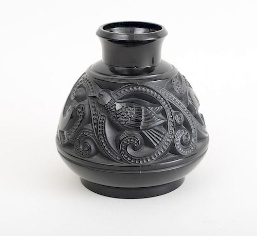 ART DECO RELIEF-DECORATED MOLDED BLACK GLASS VASE