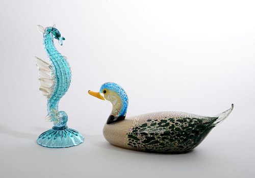 VENETIAN GLASS FIGURES OF A DUCK AND A BLUE GLASS HORSE