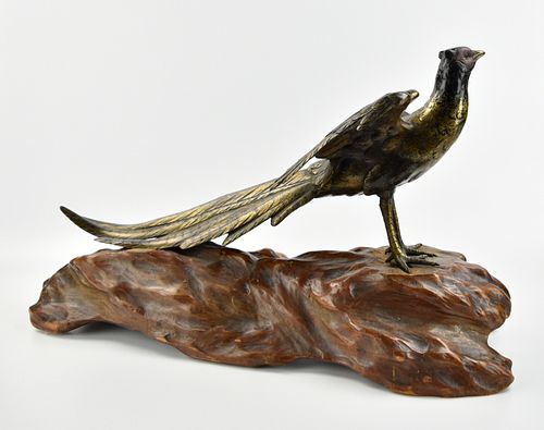 Large Cast Bronze Pheasant w/ Wood Stand, 19th C.