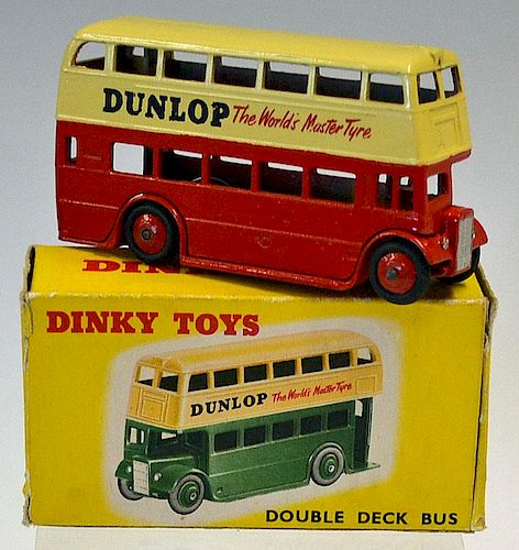 Dinky No.290 Double Deck Bus - cream over red lower body, ridged hubs "Dunlop" in upright text to si