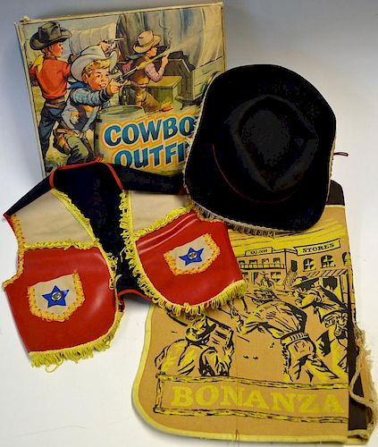 Berwick Cowboy Play Outfit consisting of Hat, Waistcoat, Trousers have a Bonanza illustration on the