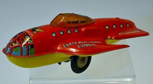 Mettoy "Dan Dare" Space Ship tinplate friction motor with sparkling jet - red, yellow - Fair includi