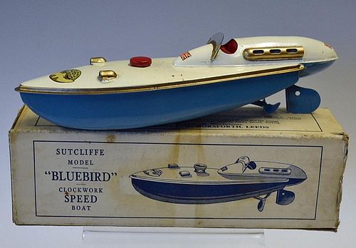 Sutcliffe 'Bluebird' Clockwork Speed Boat complete with original box and key in working order, with