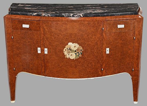 Art Deco Marquetry Inlaid Marble Top Cabinet
