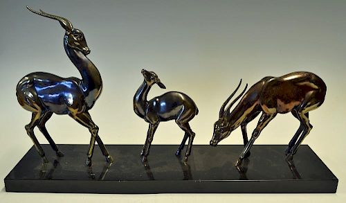 Large French marble based three Deer display ornament featuring 3 different Spelter Deers mounted on