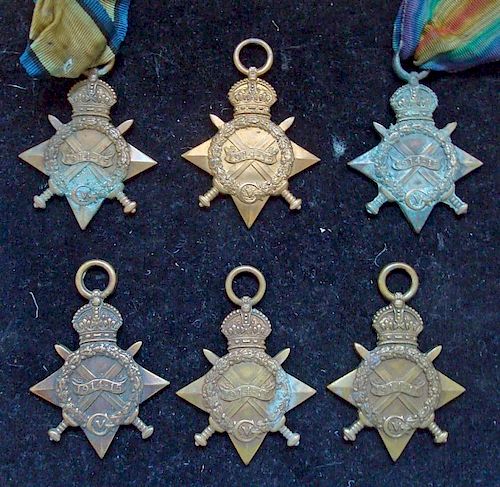 WWI 1914-15 Star Medals 5640 Loftus, 15799 Spencer, 16194 Lucas, 90327 Barker, 53722 Nelson, and 555