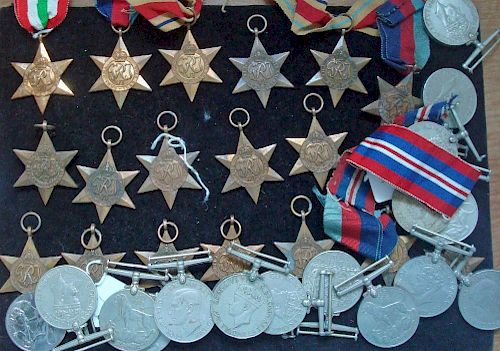 Selection of WWII Medals to include Africa Star, Italy Star, 1939/45, France Star, Germany Star, Bur