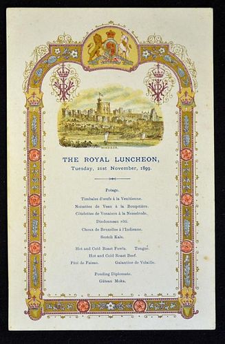 Royalty Royal Menu at Windsor Castle dated 10th November 1899 fine detailed illustration of Windsor