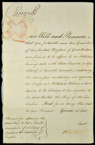 King George III 1801 Royal Warrant for the appointment of a legation secretary at Naples 'To our goo