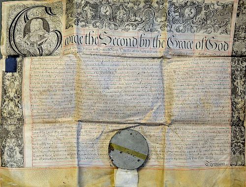 George II Recovery Deed Document c1740 Cambridgeshire with ornate portrait, capital letter and headi