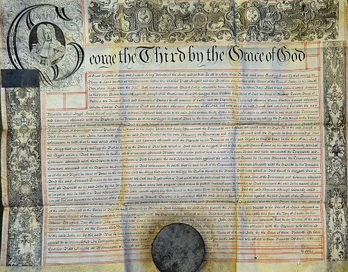 George III Recovery Deed Document c1760 Cambridgeshire c1760 with ornate portrait, capital letter an